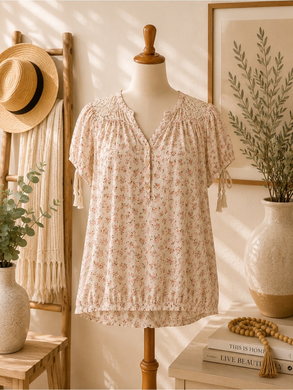 Vintage America Collection Floral Boho Blouse Size S EUC